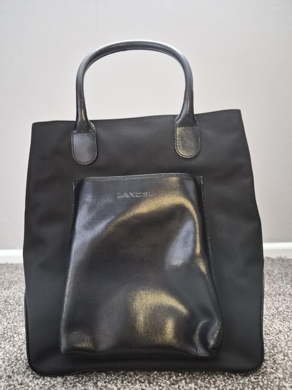 Lancel Black Leather & Nylon Tote Bag
